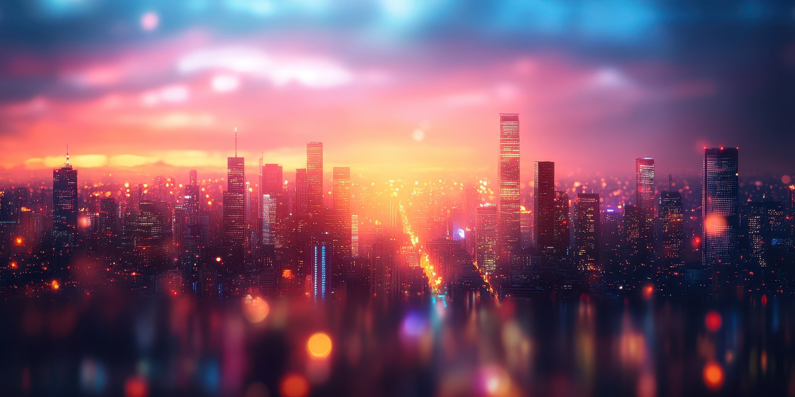 Vibrant city skyline at dusk showcasing bright lights and colorful reflections over the water